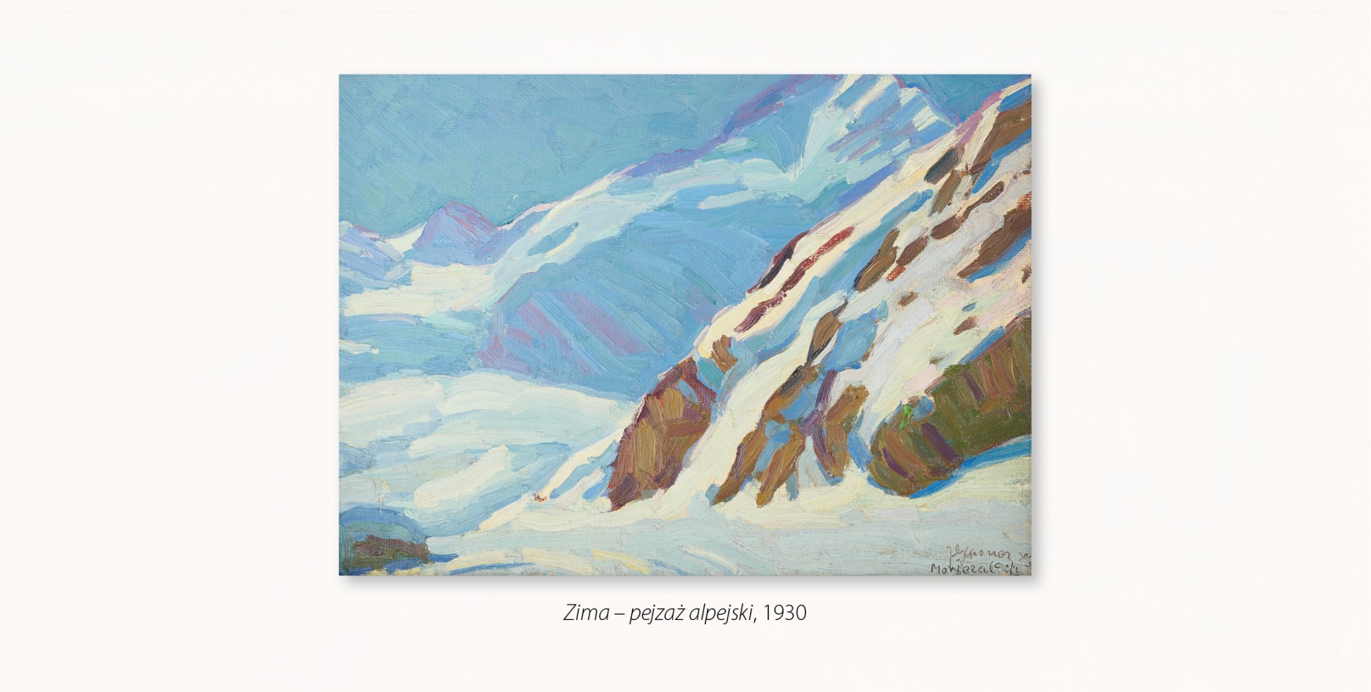 pejzaż ukazujący masywne, strome alpejskie wzniesienia pokryte śniegiem, dominują kolory niebieskie i biel, z wyraźnym akcentem brązowych skał na pierwszym planie